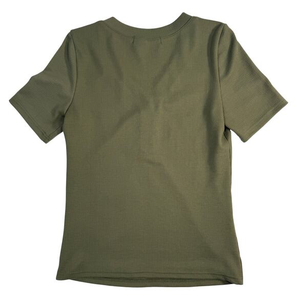Merokeety Women’s Small Olive Green Ribbed Button Top Short Sleeve Casual - Picture 2 of 4